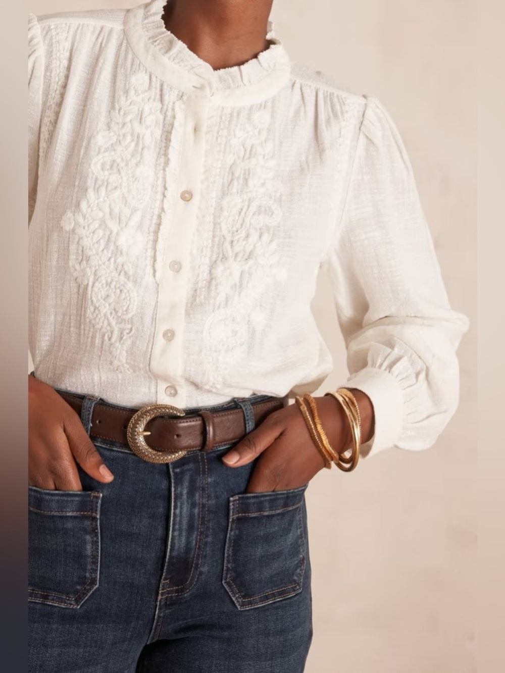 Maison 123 Paris Embroidered Blouse White Boho Ruffle Neck Cotton Top 38/ Medium